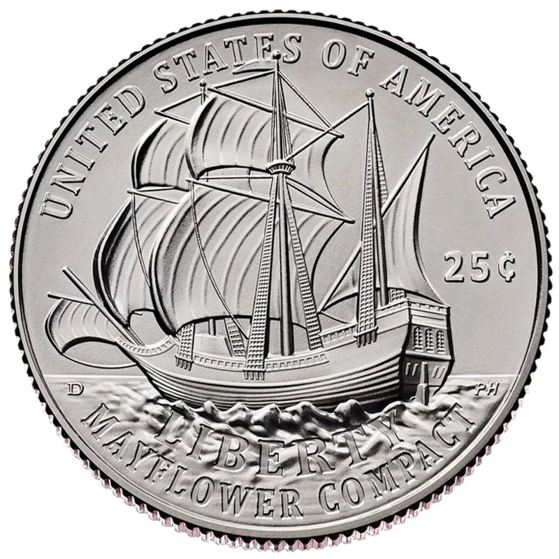 Juego de 2 monedas de 25 centavos de dólar Mayflower Compact P&D del Semiquincentenario de 2026-3