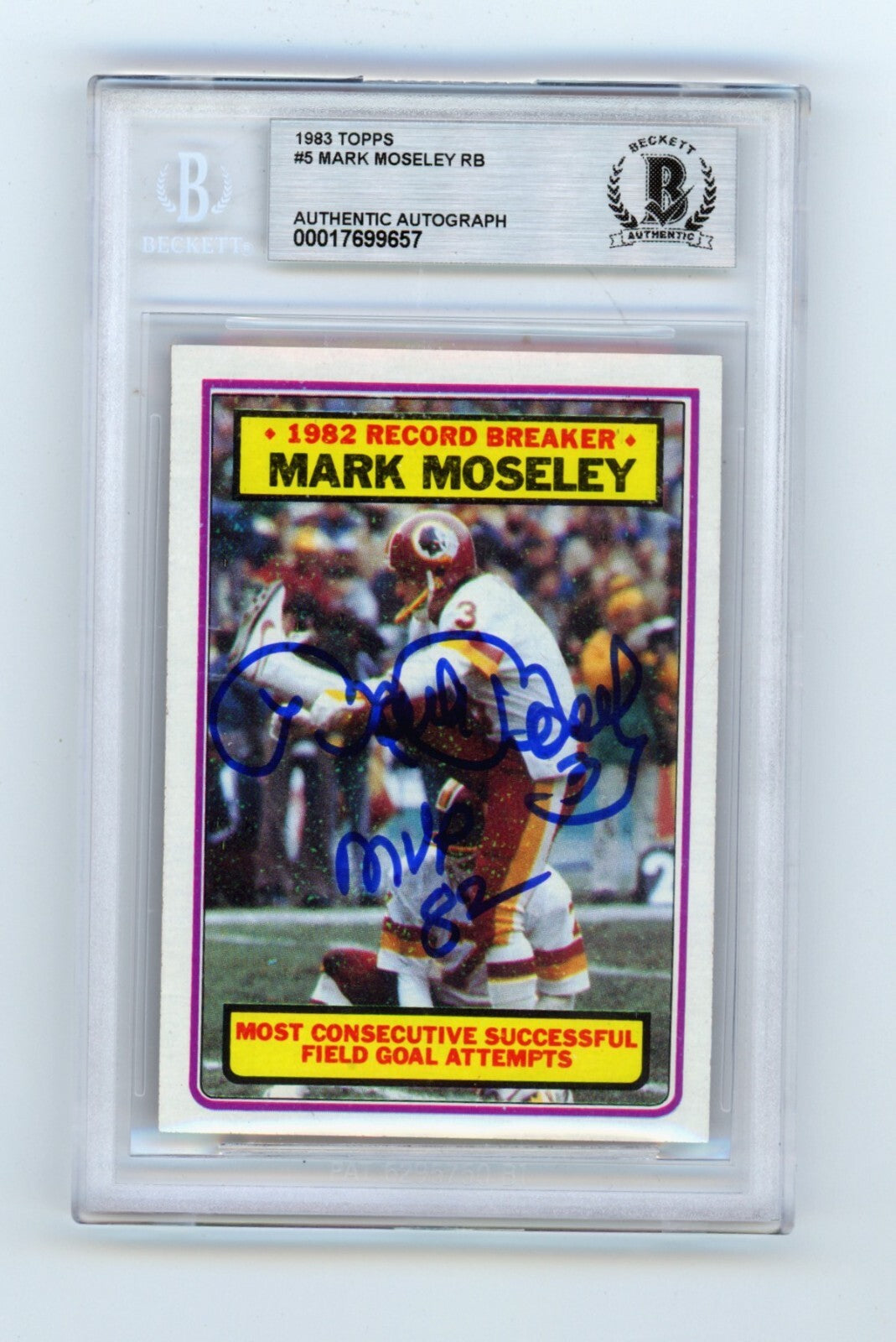 Mark Moseley 1983 Topps #5 Record Breaker Signed w/ MVP 82 Beckett BGS BAS Auto-1