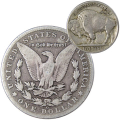 1902 O Morgan Dollar VG Very Good 90% Silver with 1934 Buffalo Nickel F Fine-2