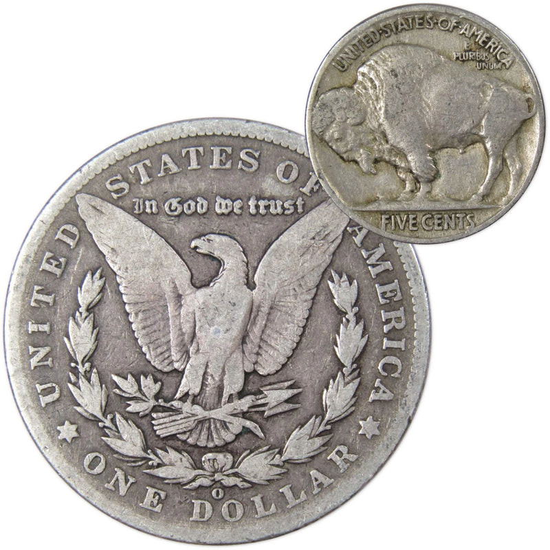 1902 O Morgan Dollar VG Very Good 90% Silver with 1934 Buffalo Nickel F Fine-2