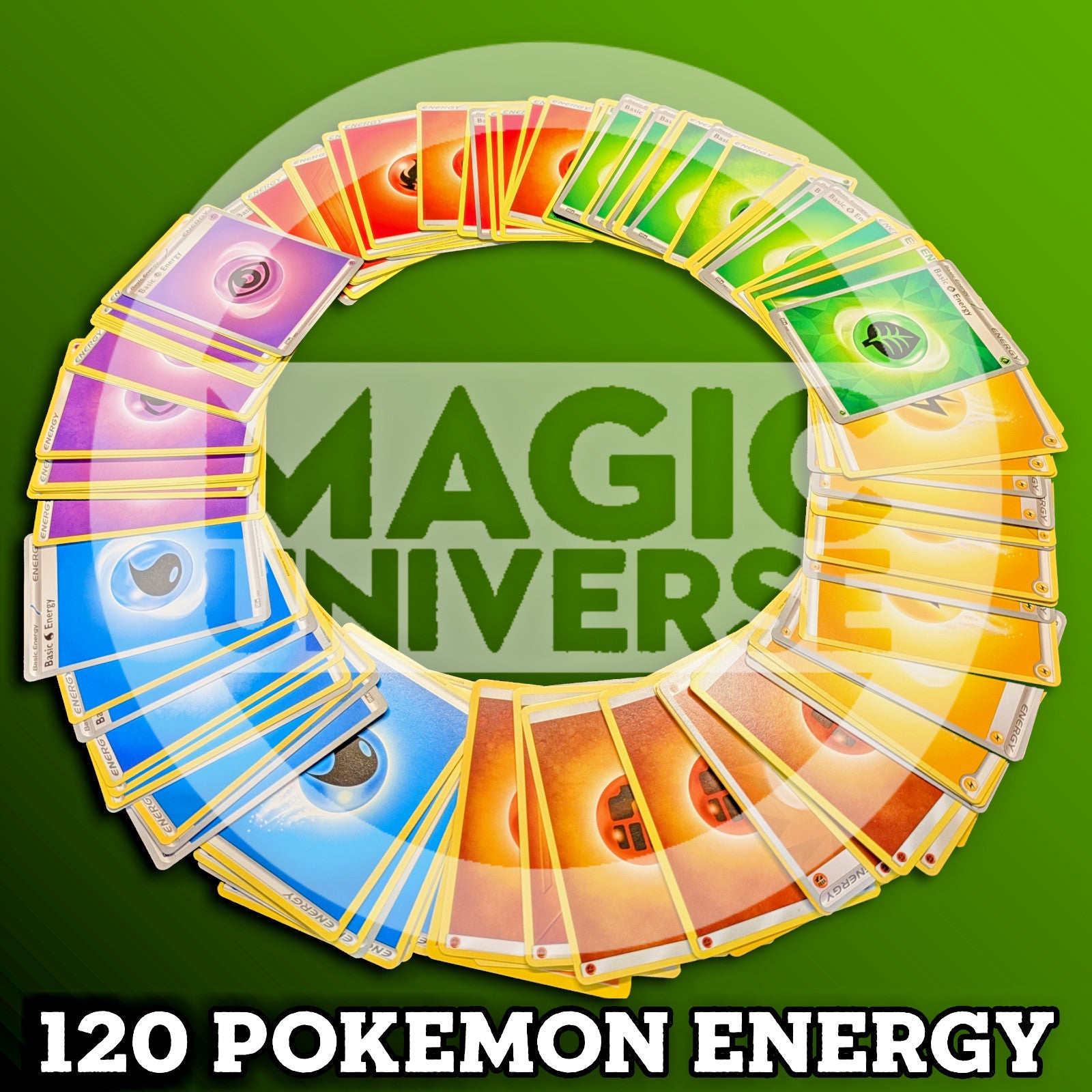 120 Pokémon Basic Energy Cards TCG – 20 of Each Classic Type Fire, Water, Grass, Lightning, Psychic, Fighting, Darkness, Metal, Fairy, Colorless – Collectible Trading Cards