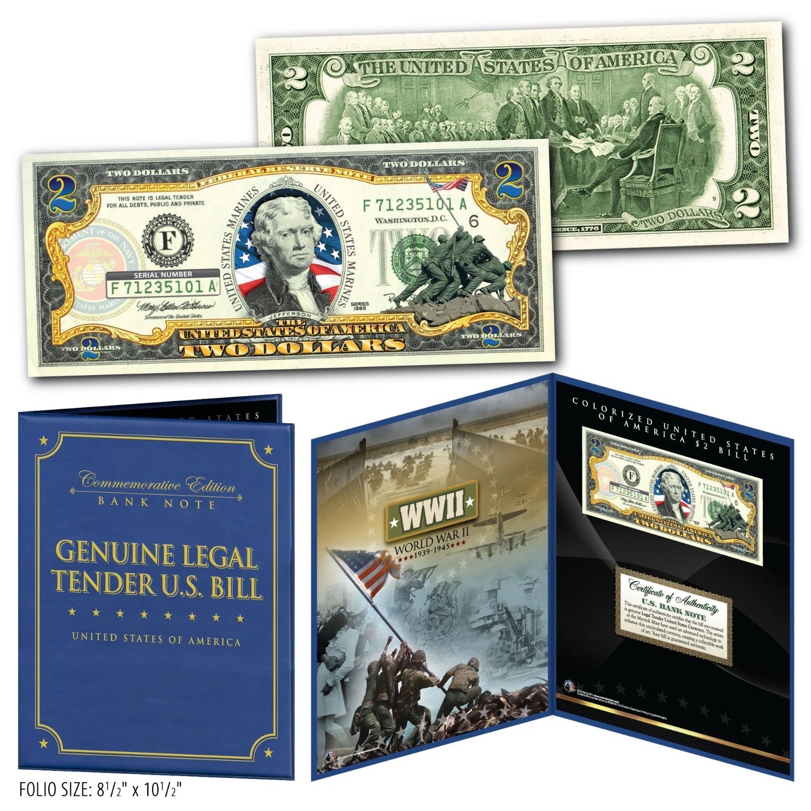 United States MARINES WWII Vintage Genuine $2 Bill in Large Collectors Display