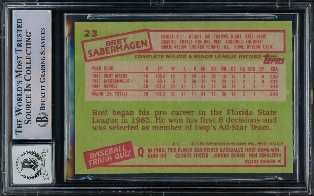 Bret Saberhagen Auto 1985 Topps RC 23 Royals Auto GM 10 "85 & 89 AL CY" Beckett