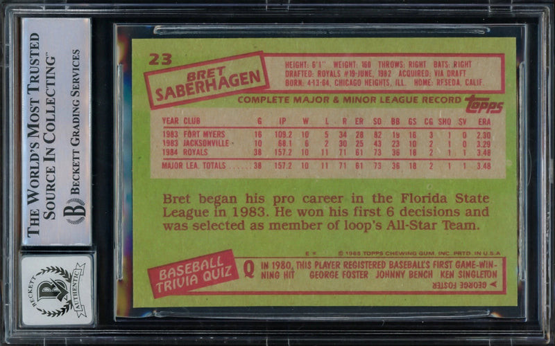 Bret Saberhagen Auto 1985 Topps RC 23 Royals Auto GM 10 "85 y 89 AL CY" Beckett -2