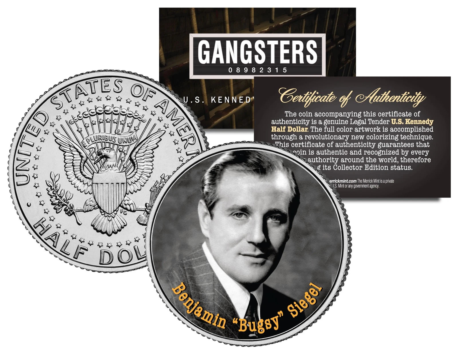 Moneda coloreada estadounidense de medio dólar de Kennedy, de JFK, gánster judío, de Benjamin Bugsy Siegel