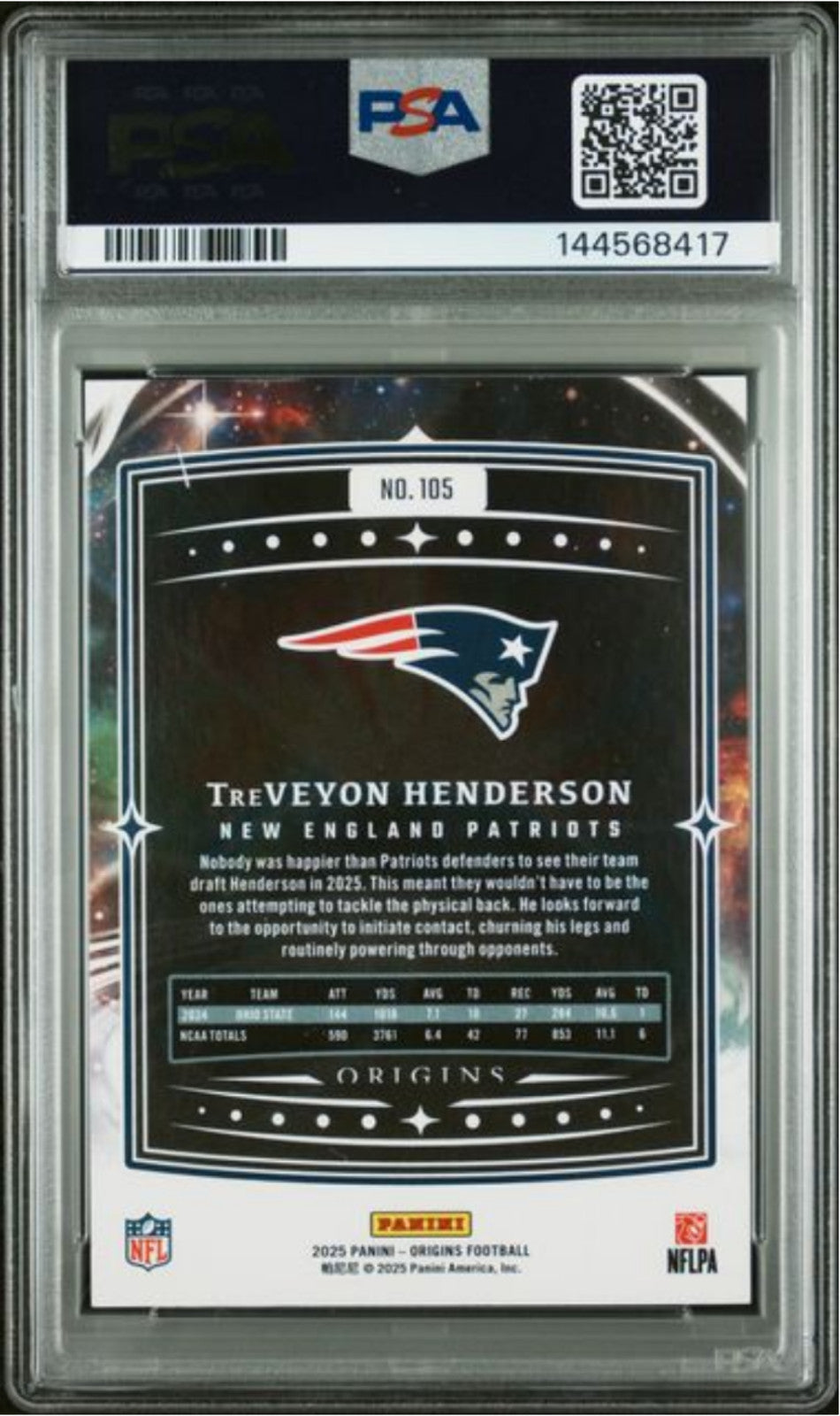 Graded 2025 Origins TreVeyon Henderson #105 Orange /249 RC Football Card PSA 10