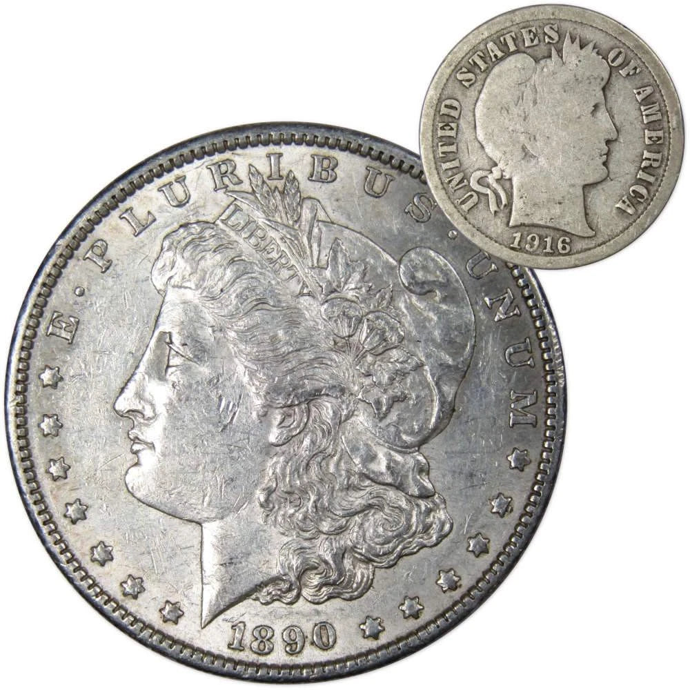 1890 S Morgan Dollar XF EF Extremely Fine with 1916 Barber Dime G Good