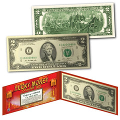 Chinese Lanterns Lucky Money Double 88 Serial Number U.S. $2 Bill with Red Folio-2