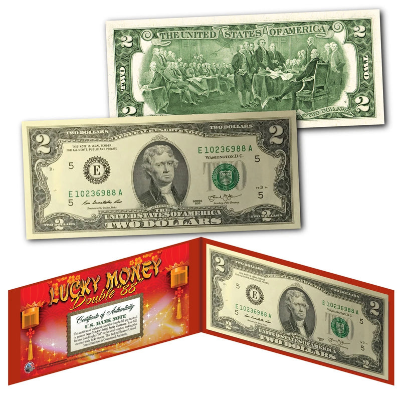 Chinese Lanterns Lucky Money Double 88 Serial Number U.S. $2 Bill with Red Folio-2