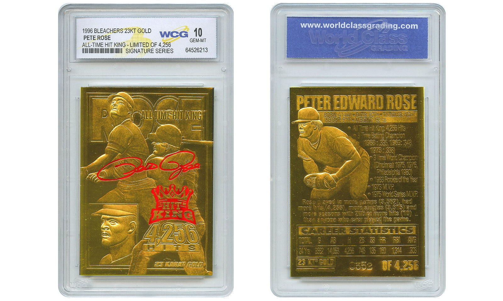 1996 PETE ROSE Bleachers 23KT Gold Card Signature Series LTD 4256 - GEM MINT 10-1