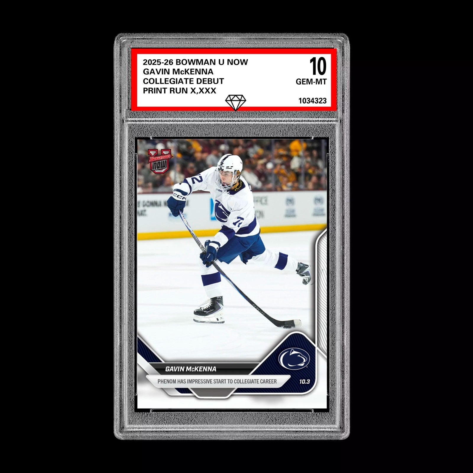 Graded 10 Gavin McKenna #1 Topps Now Bowman U Rookie Penn State Hockey RC Card