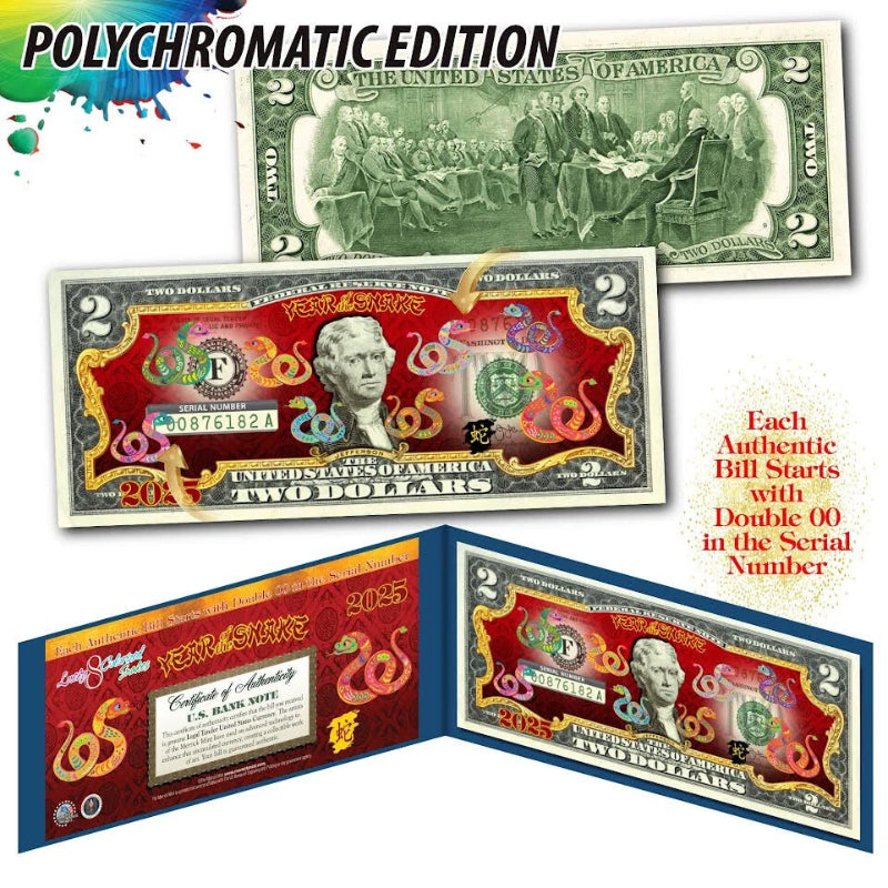 2025 Lunar Chinese New YEAR OF SNAKE Polychrome 8 COLOR SNAKES $2 U.S. Bill BLUE-3