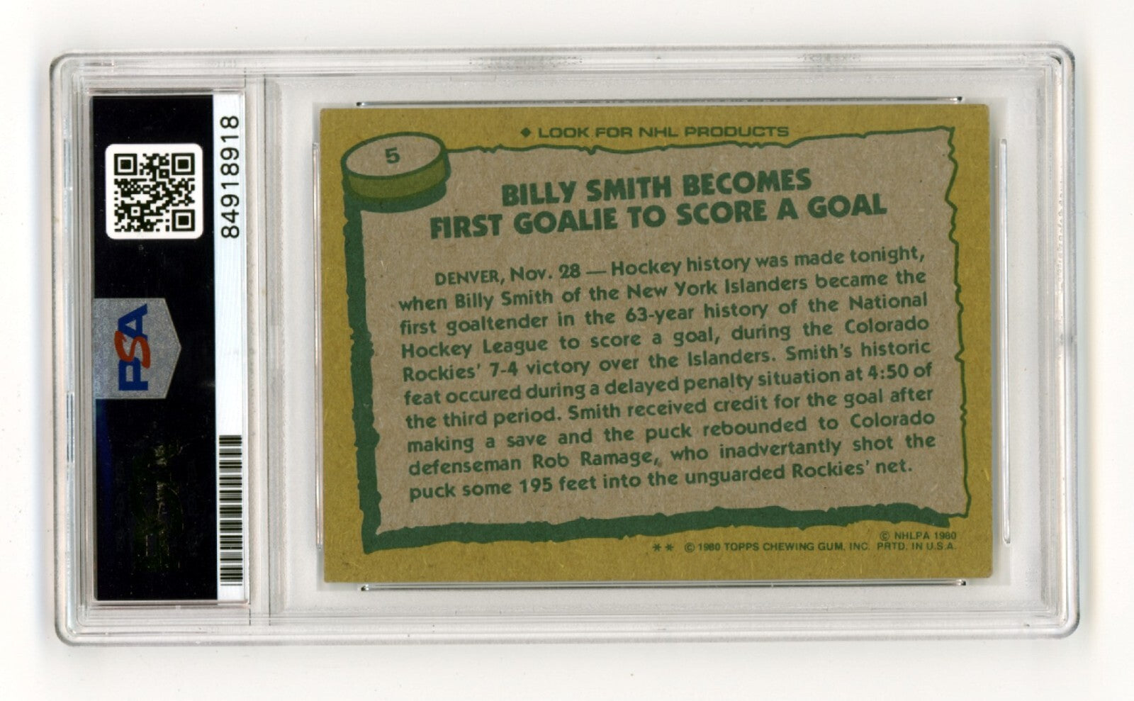 Billy Smith 1980-81 Topps #5 Record Breaker Signed PSA Authentic Blue Auto NYI