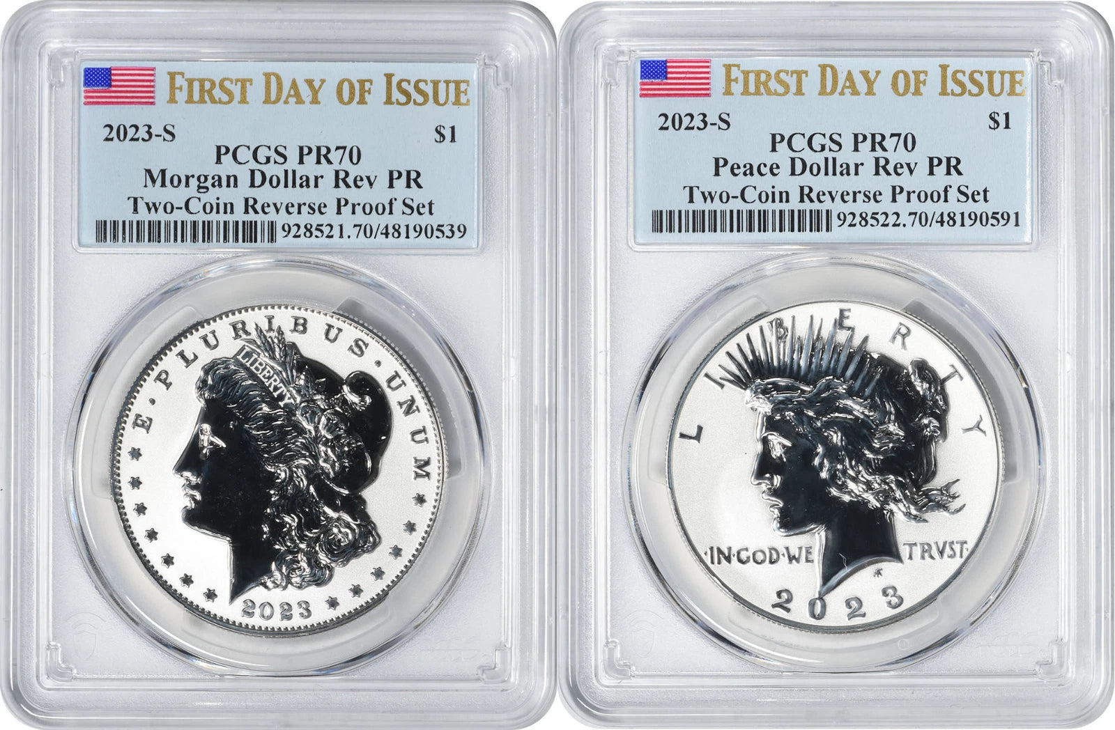 2023-S Morgan and Peace Silver Dollar 2-Coin Reverse Proof Set PR70 FDOI PCGS
