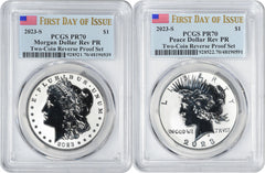 2023-S Morgan and Peace Silver Dollar 2-Coin Reverse Proof Set PR70 FDOI PCGS-1