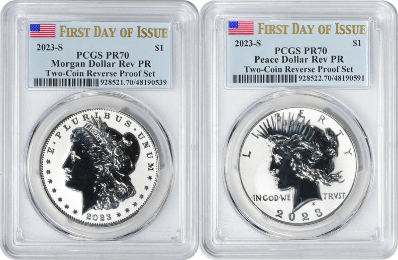 2023-S Morgan and Peace Silver Dollar 2-Coin Reverse Proof Set PR70 FDOI PCGS-1