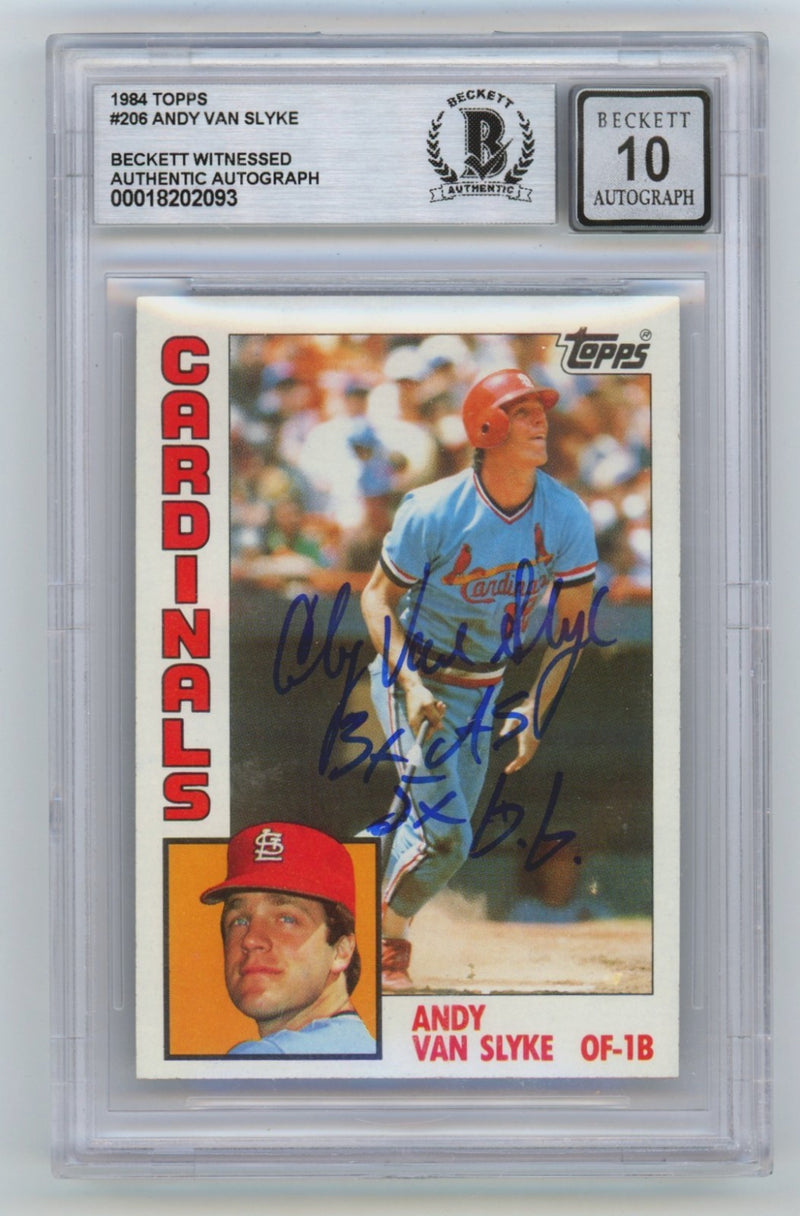 Andy Van Slyke 1984 Topps #206 Signed Rookie RC w/ 2 Insc. Beckett BGS 10 Auto-1