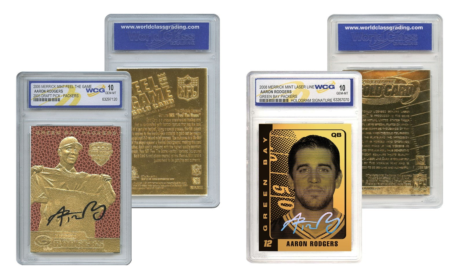 Set of 2 AARON RODGERS Packers Gold Cards FEEL the GAME & LASER LINE GEM-MINT 10-2