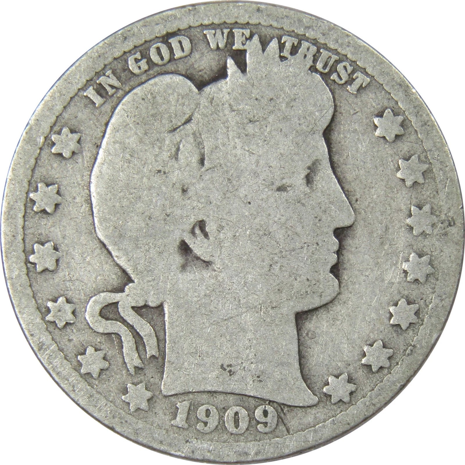 1909 Barber Quarter Circulated Silver 25c Coin Collectible