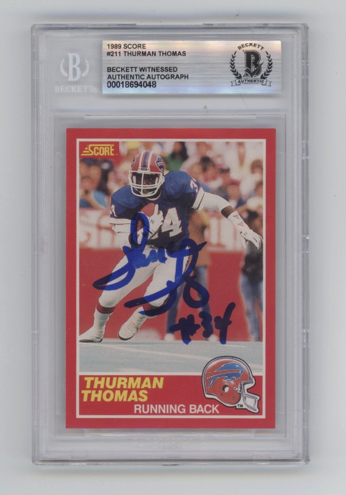 Thurman Thomas 1989 Score #211 Signed Rookie RC Beckett BGS BAS Auto Bills HOF
