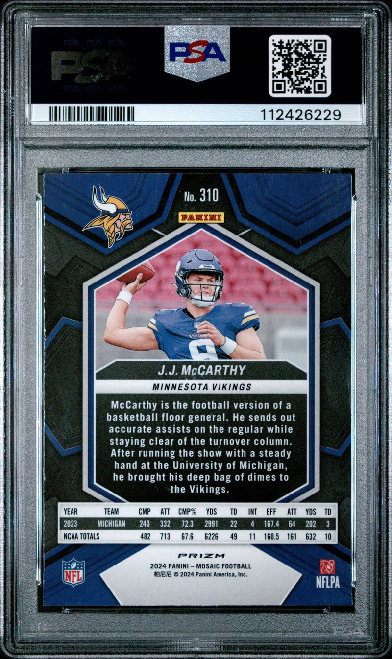 Graded 2024 Panini Mosaic JJ McCarthy #310 Reactive Blue RC Football Card PSA 9-2