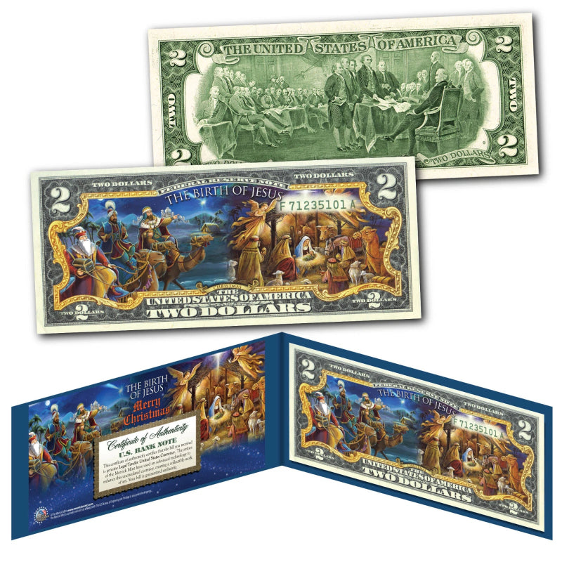 NACIMIENTO DE JESÚS Natividad de los Reyes Magos Billete de 2 dólares estadounidenses de curso legal genuino -2