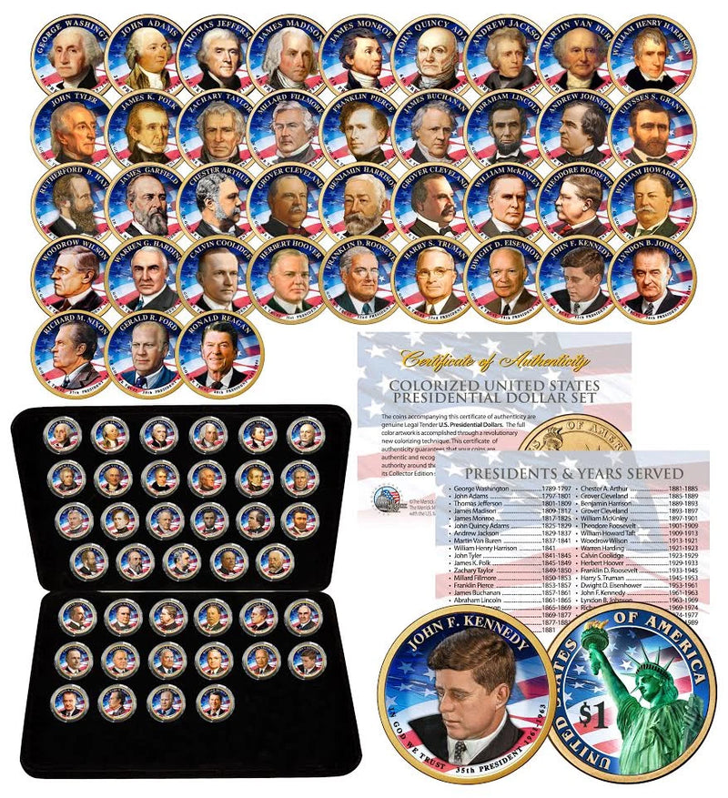 39 COIN Complete Set PRESIDENTIAL $1 US DOLLAR FULLY COLORIZED 2-SIDED with BOX-1