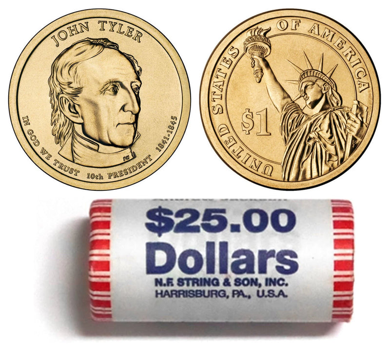 2009 John Tyler US President Dollar Coin Sealed Roll $25 NF String-1