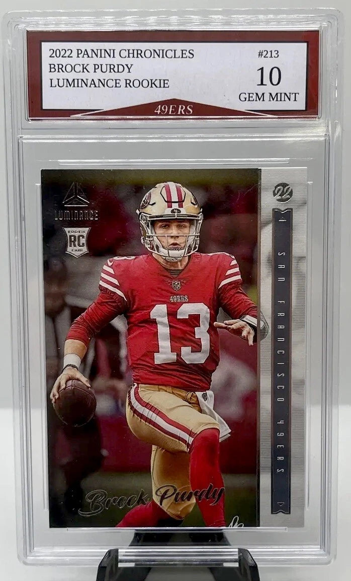 ¡Tarjeta de novato Luminance de Brock Purdy de los 49ers de Panini Chronicles 2022, Gem Mint 10!