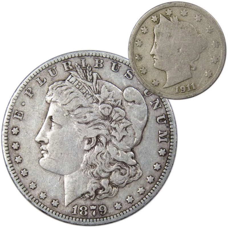 1879 O Morgan Dollar VF Very Fine 90% Silver with 1911 Liberty Nickel G Good-1