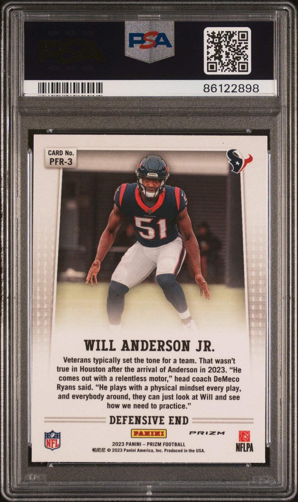 Graded 2023 Panini Prizm Will Anderson #PFR3 Flashback RC Football Card PSA 10-2