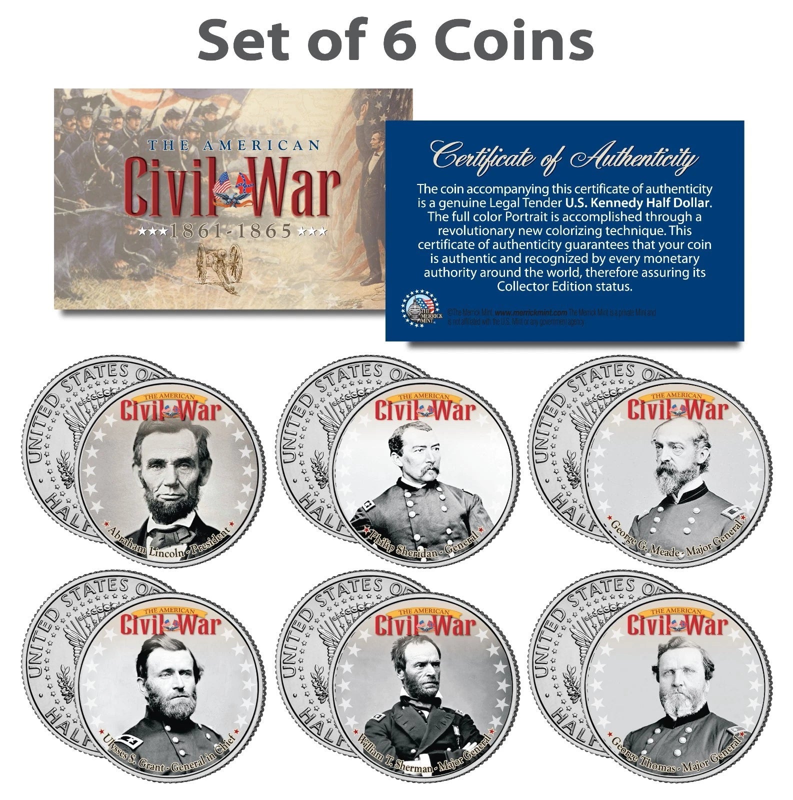 American CIVIL WAR North UNION LEADERS JFK Half Dollars 6-Coin Set LINCOLN GRANT-2
