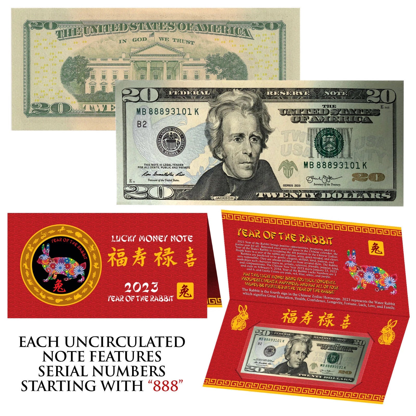 2023 CNY Chinese YEAR of the RABBIT Lucky Money US $20 Bill w Red Folder S/N 888-2