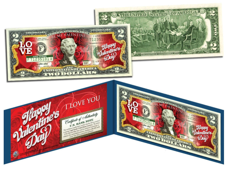 HAPPY VALENTINE'S DAY Keepsake Gift $2 Bill U.S. Legal Tender with Folio & COA-1