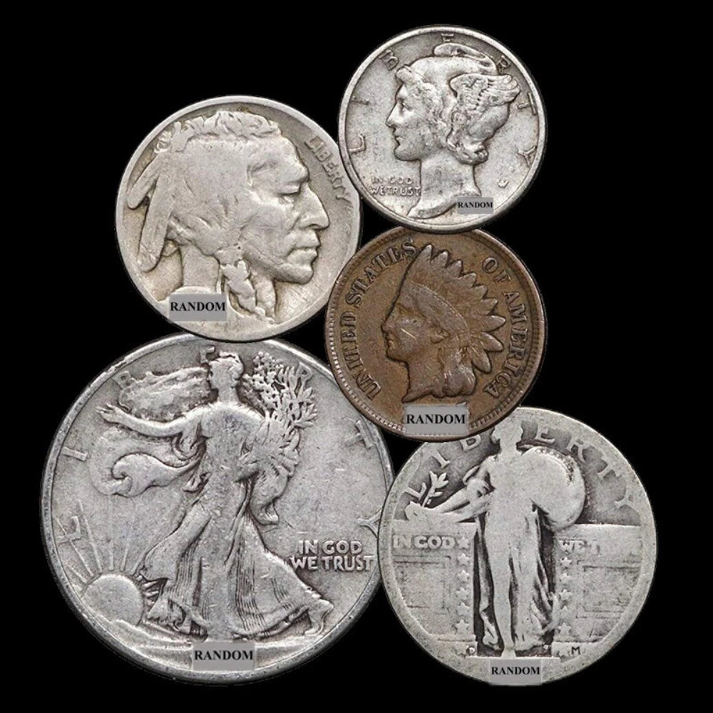 Juego de colección de 5 monedas: 90 % plata antigua estadounidense, búfalo indio, certificado de plata gratuito