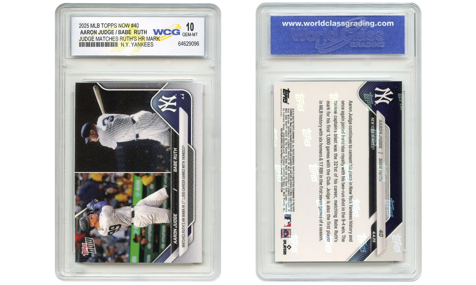 2025 Topps Now AARON JUDGE / BABE RUTH Yankees HR Record Card #40 - GEM MINT 10-4