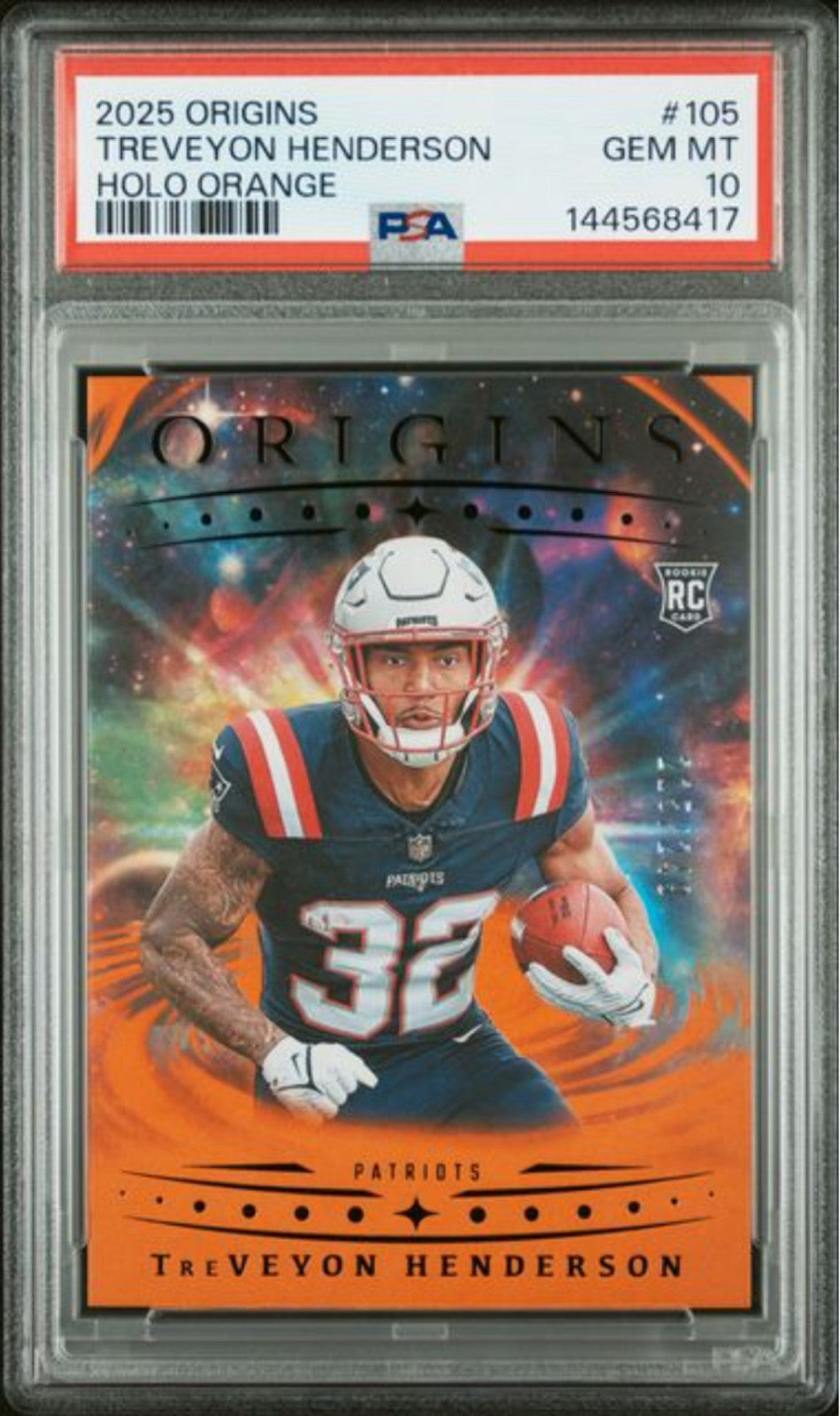 Graded 2025 Origins TreVeyon Henderson #105 Orange /249 RC Football Card PSA 10-1