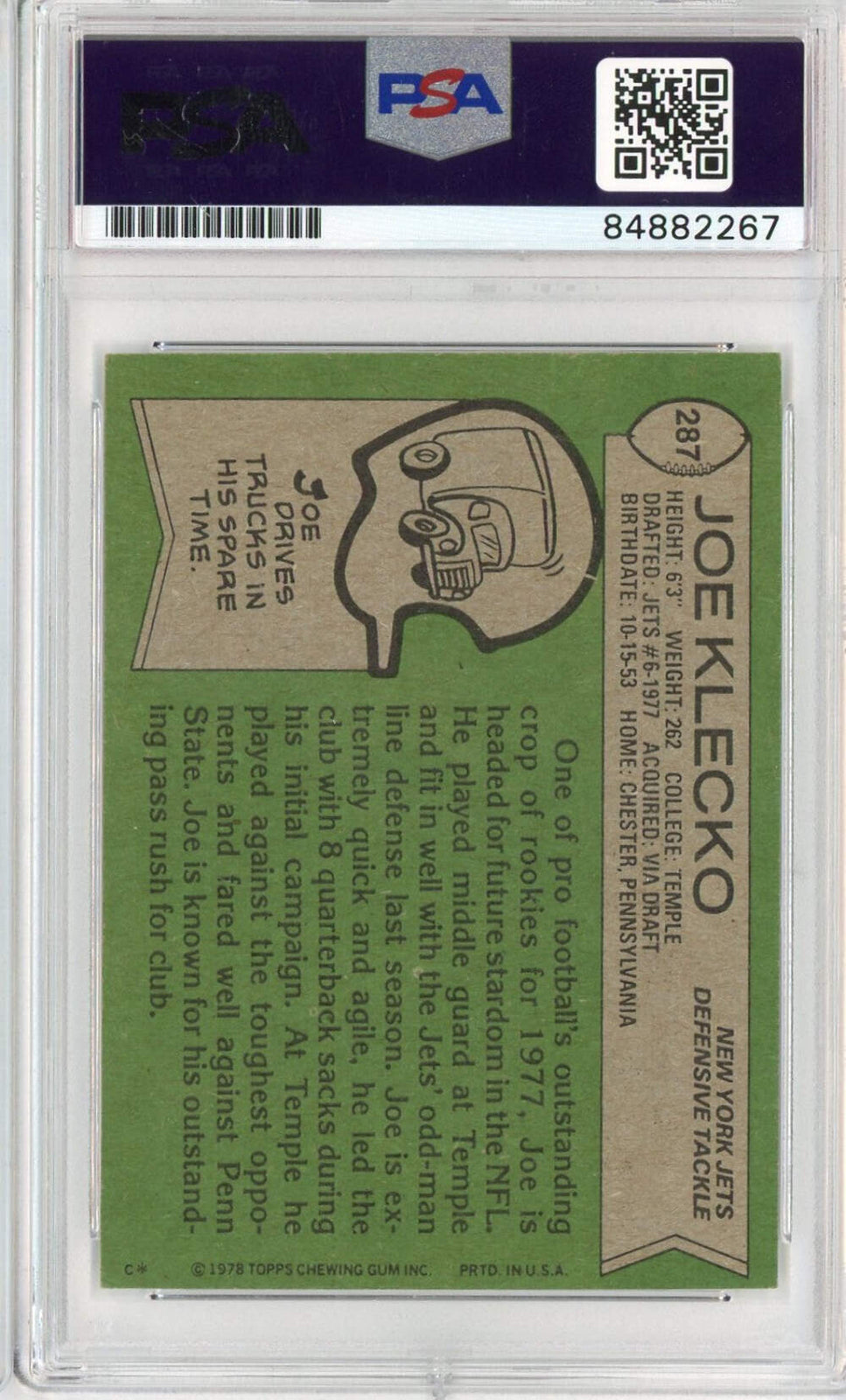 Graded 1978 Topps Joe Klecko #287 Rookie RC Football Card PSA Auth Auto Grade-2