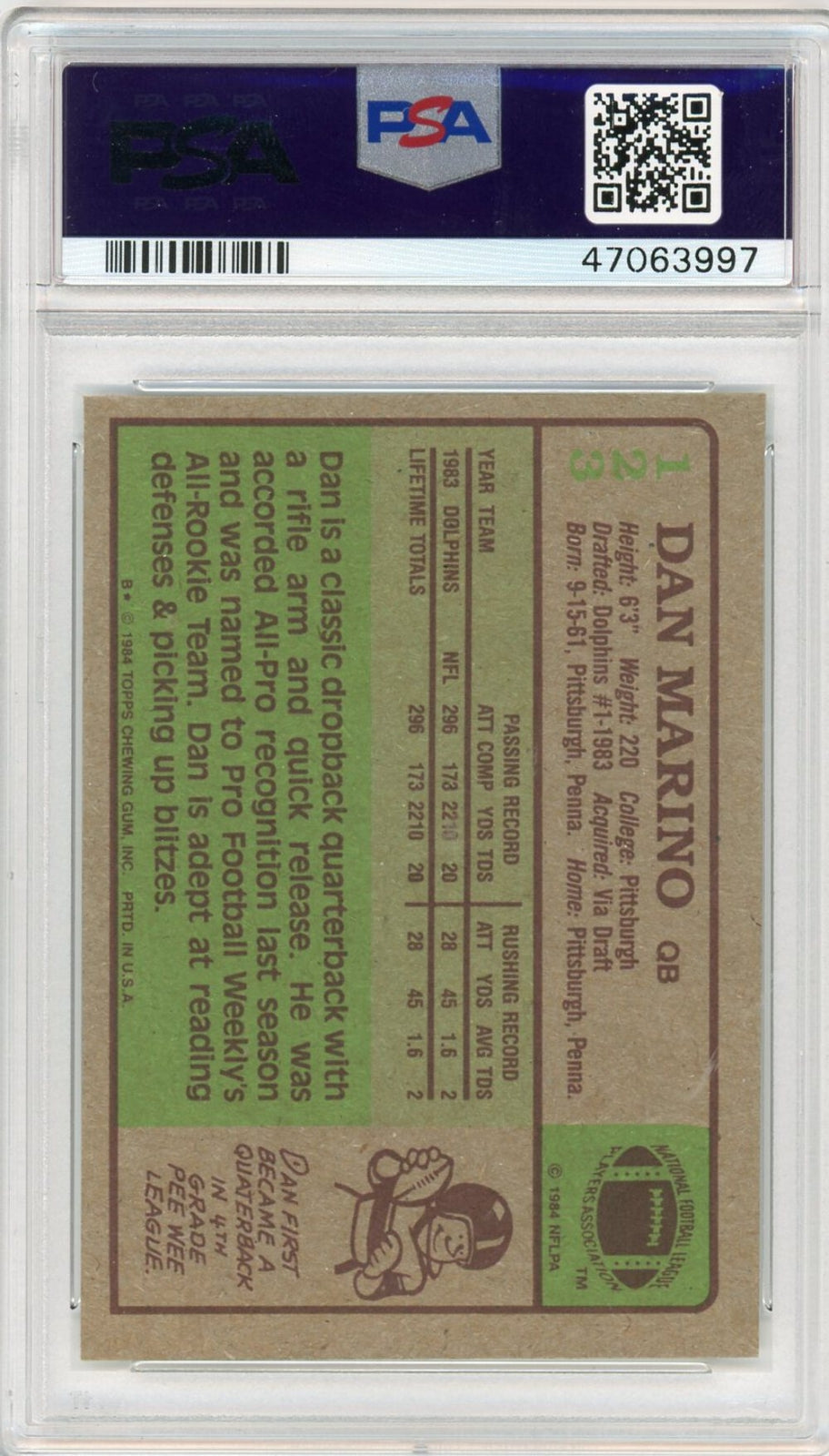 Graded 1984 Topps Dan Marino #123 Rookie RC Football Card PSA 8 NM-MT-2