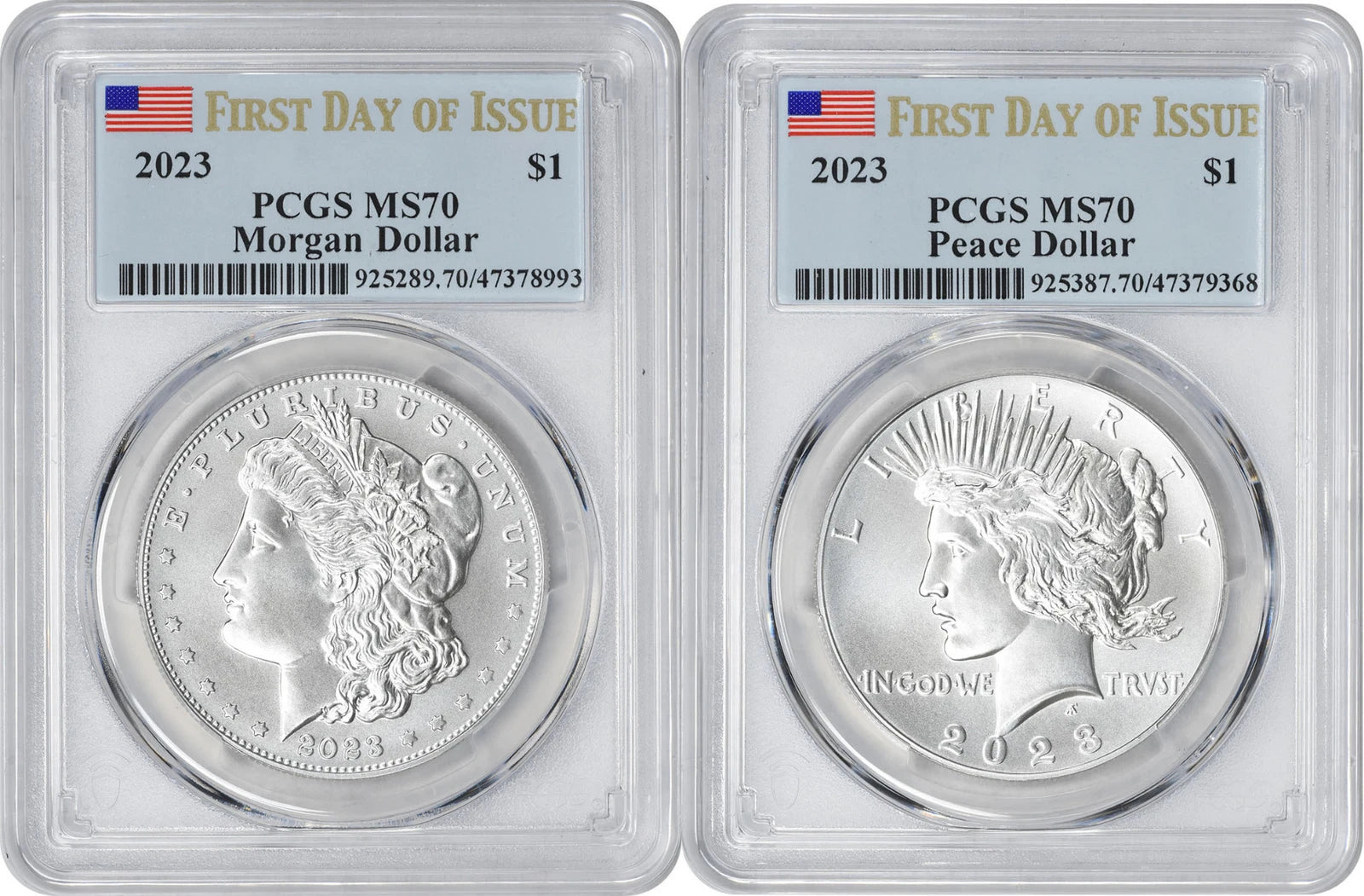 2023 Morgan and Peace Silver Dollar 2-Coin Set MS70 First Day of Issue PCGS FDOI-1