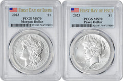 2023 Morgan and Peace Silver Dollar 2-Coin Set MS70 First Day of Issue PCGS FDOI-1