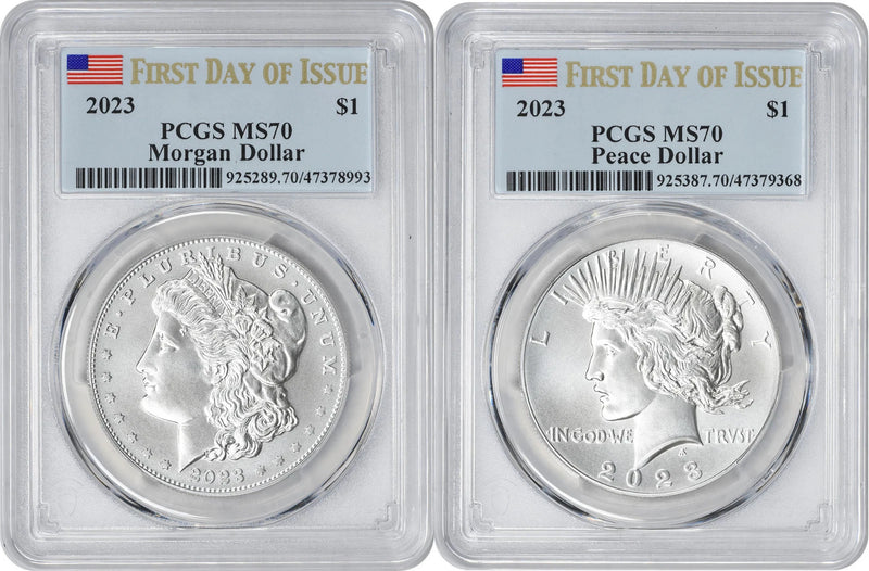 2023 Morgan and Peace Silver Dollar 2-Coin Set MS70 First Day of Issue PCGS FDOI-1