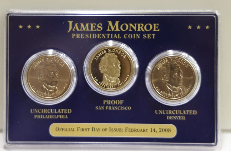 James Monroe 2008 First Day Of Issue Presidential Dollar $1 Coin Set P S & D-2