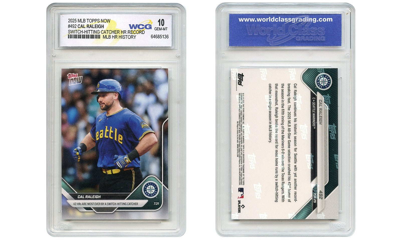 2025 MLB Topps CAL RALEIGH Switch-Hitting Catcher HR Record Card #492 GEM MT 10-1
