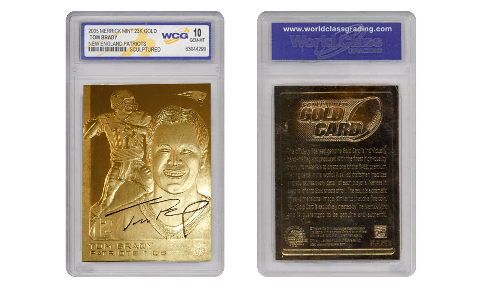 2005 TOM BRADY SCULPTED NFL NEW ENGLAND PATRIOTS 23KT GOLD CARD - GEM MINT 10