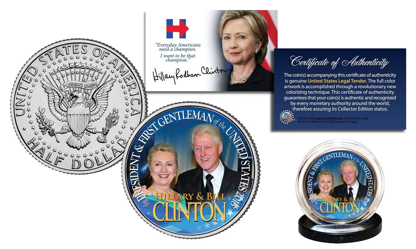 HILLARY & BILL CLINTON Democrat Presidential OFFICIAL 2016 JFK Half Dollar Coin