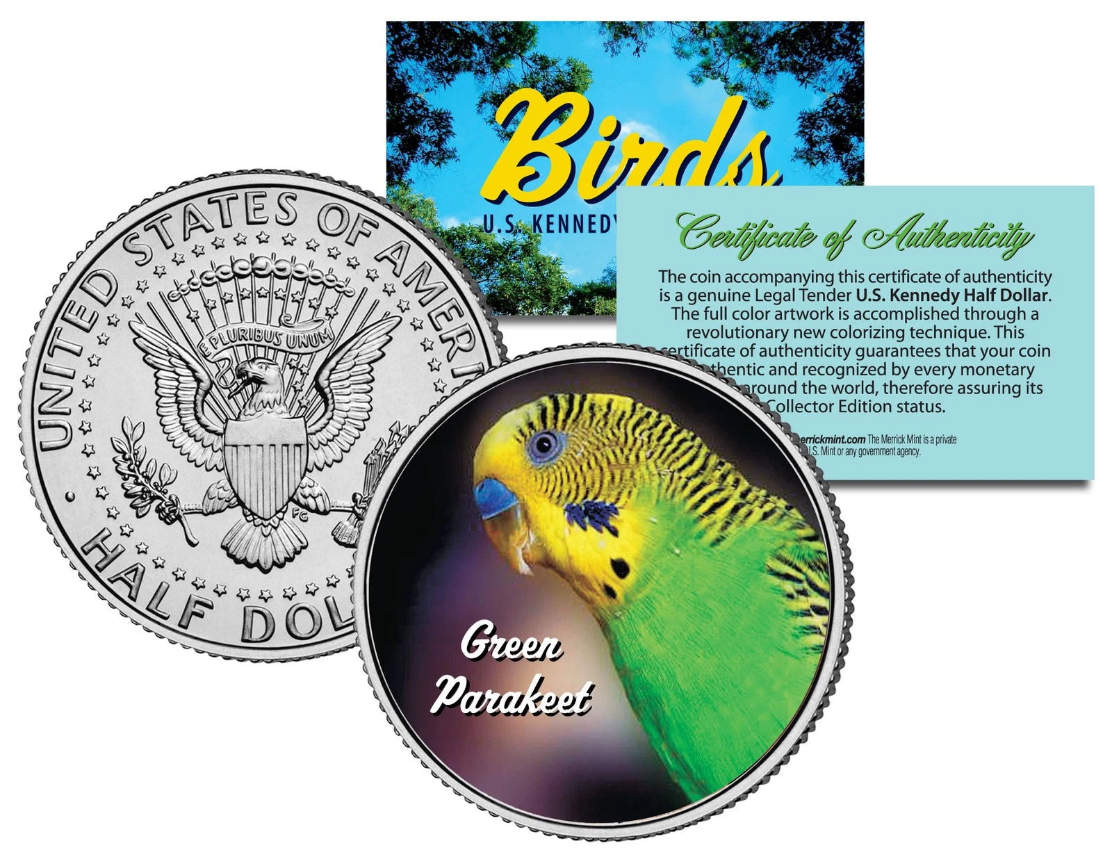 GREEN PARAKEET BIRD JFK Kennedy Half Dollar US Colorized Coin