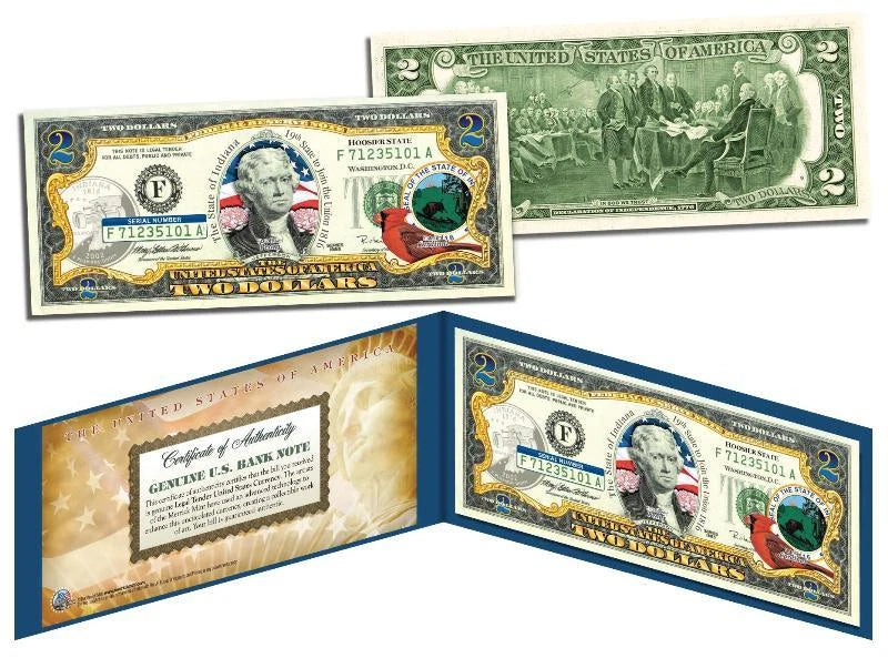 INDIANA Statehood $2 Two-Dollar U.S. Bill IN State Legal Tender