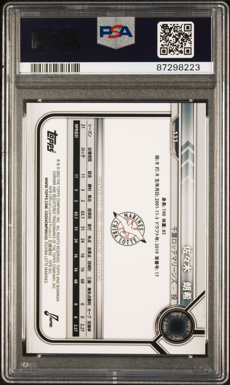 PSA 10 Roki Sasaki Chrome RC Dodgers Rookie #133 2022 Bowman NPB