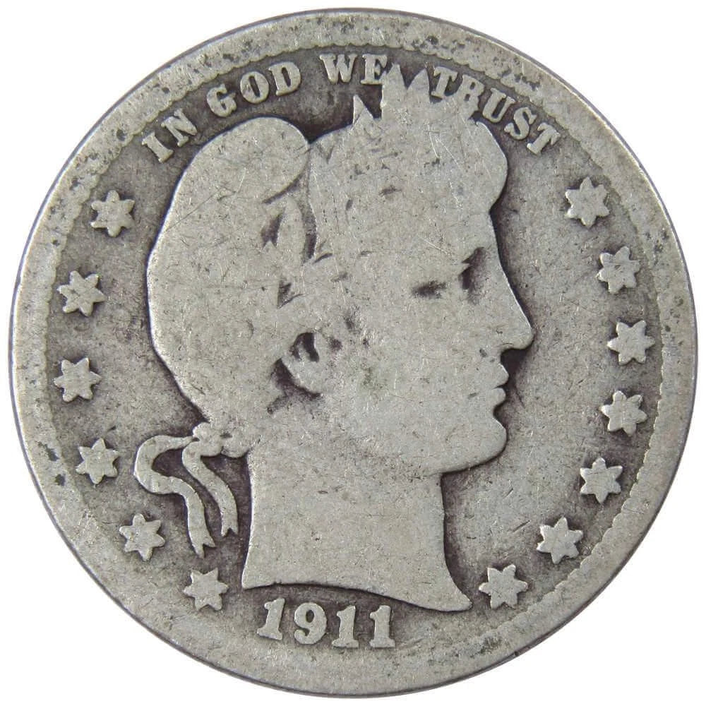 1911 Barber Quarter G Good 90% Silver 25c US Type Coin Collectible-1